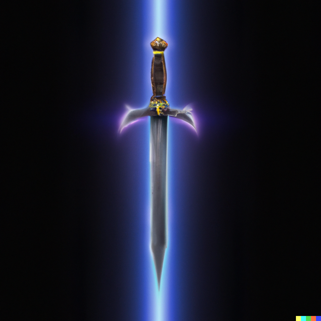 DALL·E 2023 03 21 16.34.43 Usa larte digitale per creare una spada con la lama luminosa. Lo sfondo deve essere scuro e latmosfera epica.